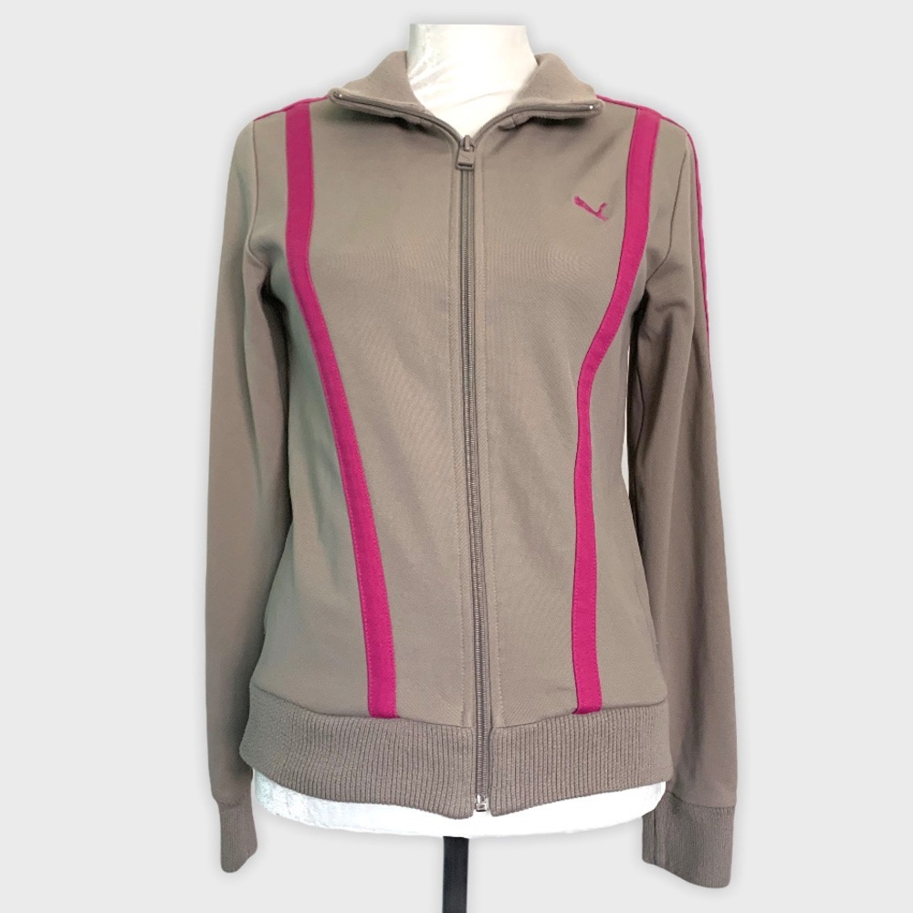 Puma taupe with magenta stripe track jacket sz L